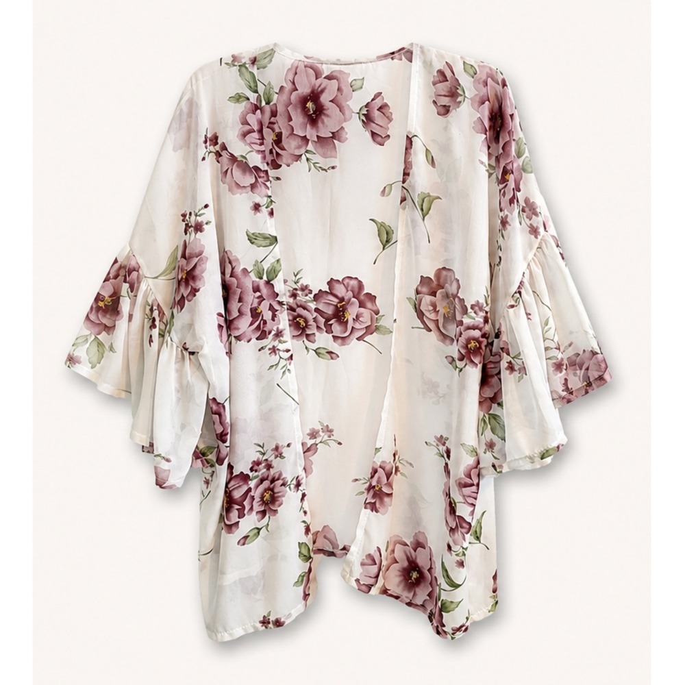 Floral Kimono Cardigan Mauve Rose Tiered Ruffle Bell Sleeve Open Front One Size